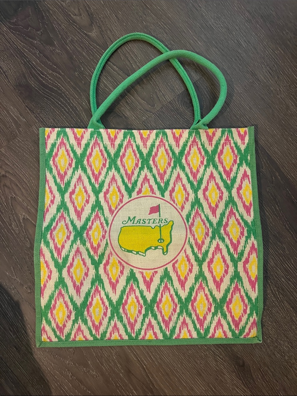 Masters Diamond-Pattern Tote in Green, Pink & Yellow 18H x 18 W tote. Vintage